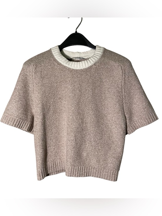 Abercrombie & Fitch Sweaters - Abercrombie & Fitch Short-Sleeve Crewneck Sweater in Light Taupe with Cream Trim